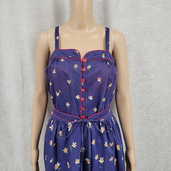 Vintage Sundress Belted Floral Blue Red Pin-Up Rockabilly Cotton 70s - Picture 2 of 14